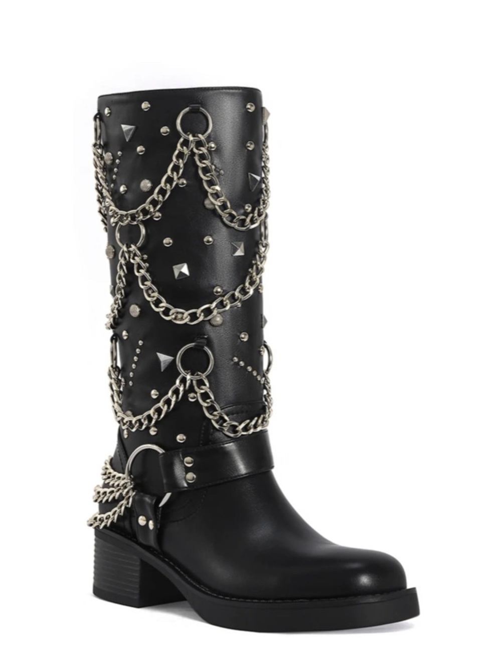 AZALEA WANG Filmore Black Studded Chain-Trim Mid-Calf Boot (SEE DESCRIPTION)